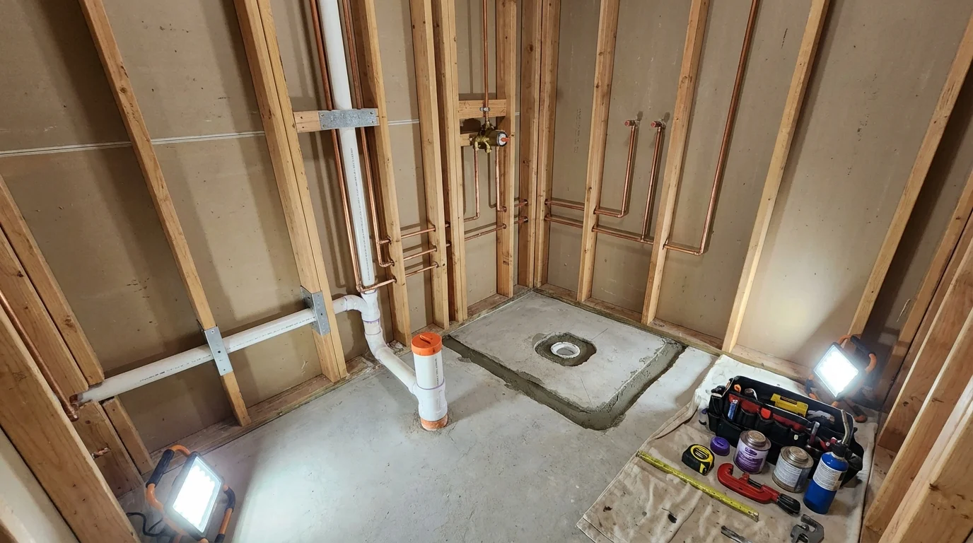 Bathroom rough-in plumbing during remodel by Johns Plumbing LLC in Wrightstown