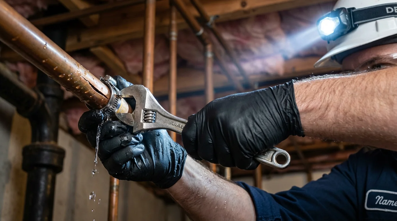 Emergency pipe clamp repair being performed by a Johns Plumbing LLC plumber in Wrightstown