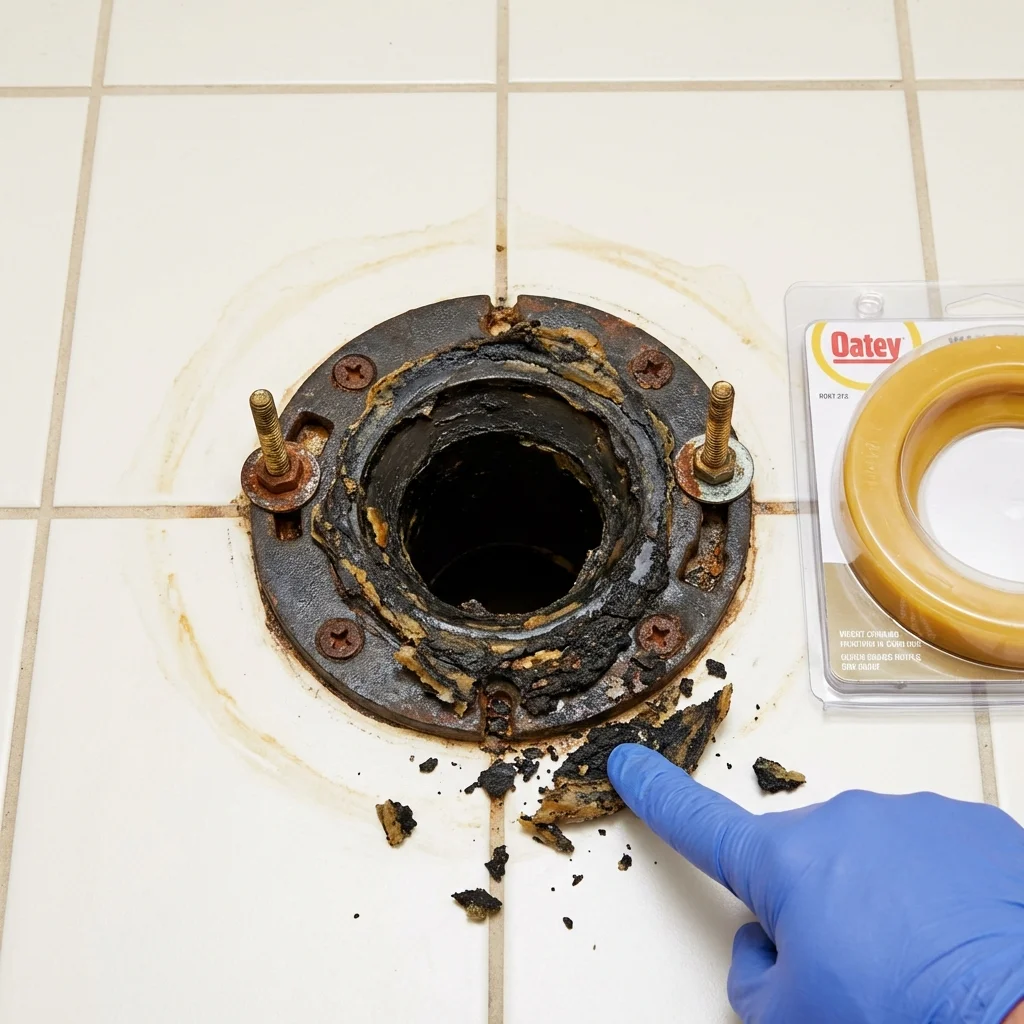 Failed wax ring showing water seepage at the base of a toilet in a Wrightstown, WI home