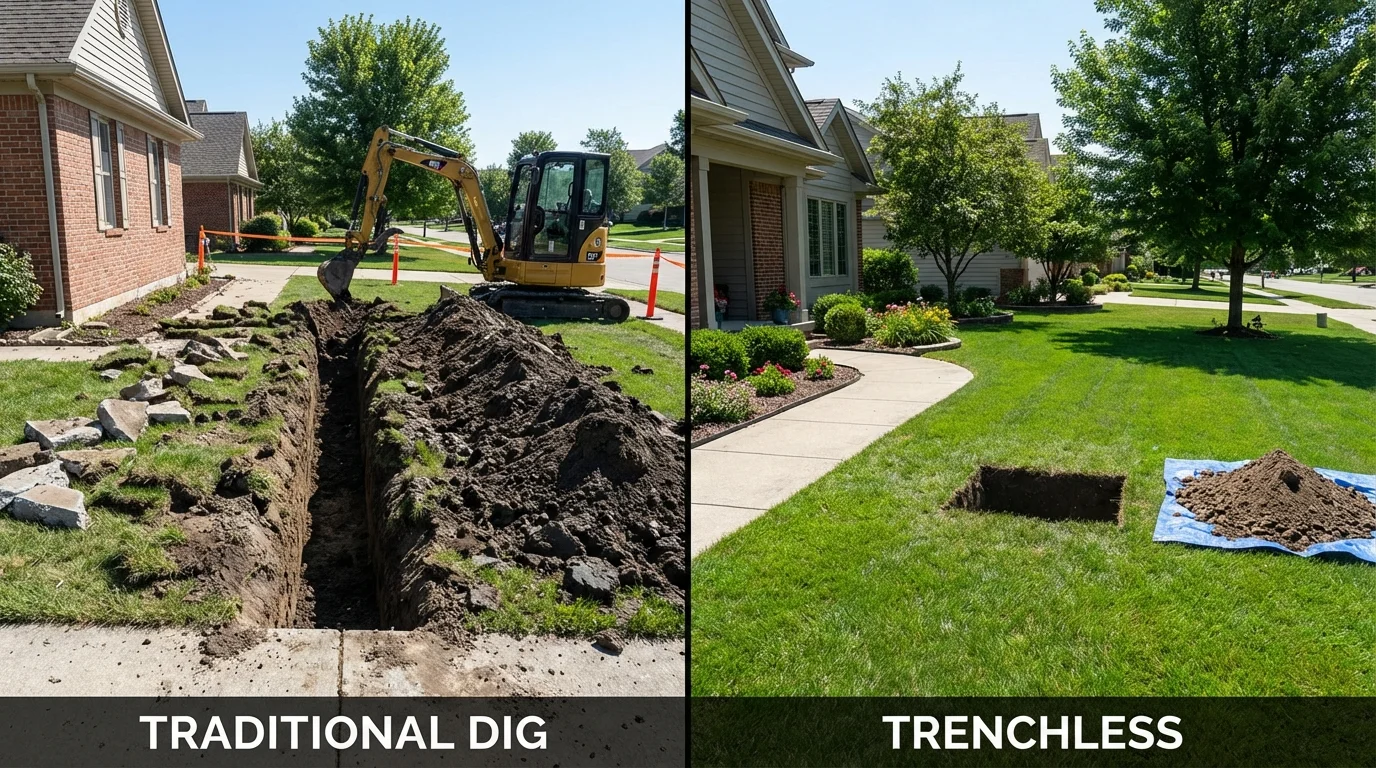 Trenchless sewer repair with minimal yard damage versus traditional excavation in Wrightstown, WI