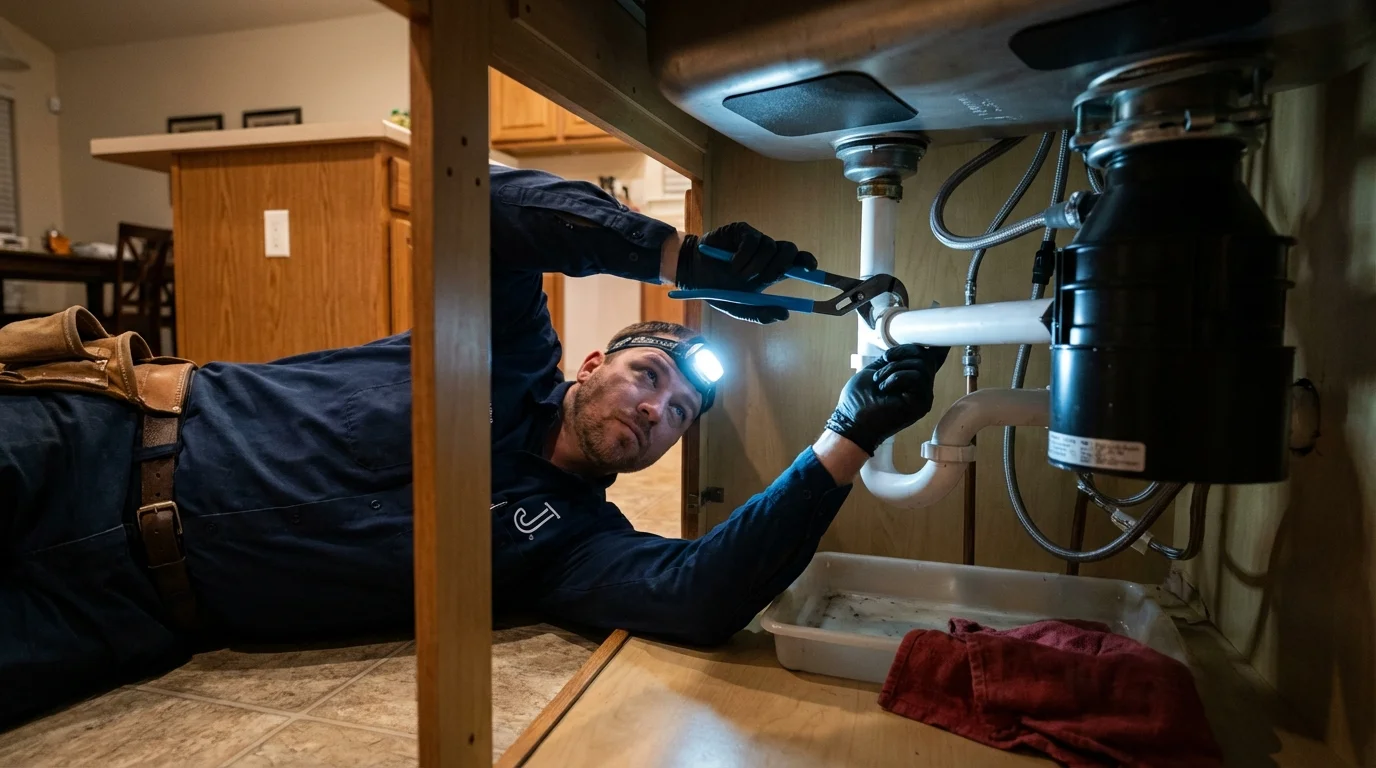 P-trap and supply line connections under a kitchen sink showing a common leak point in Wrightstown, WI
